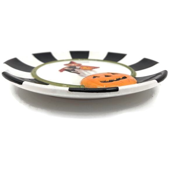 Department 56 Plate Halloween Witch Black Cat Jack O Lantern Plate White Striped - Picture 6 of 11